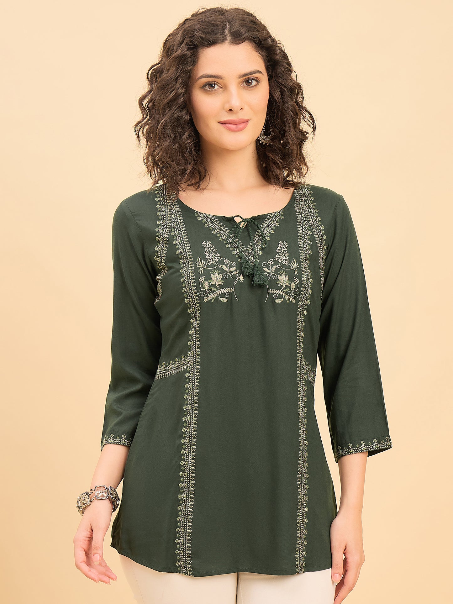 TP 1536 Embroidered Straight Panel Modal Top  Bottle Green