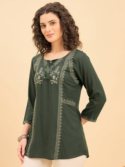 TP 1536 Embroidered Straight Panel Modal Top  Bottle Green