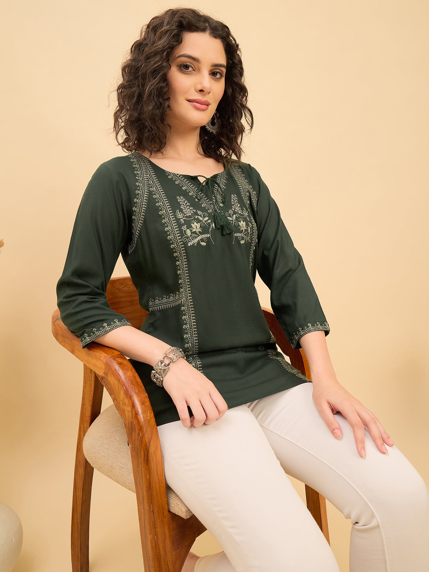 TP 1536 Embroidered Straight Panel Modal Top  Bottle Green