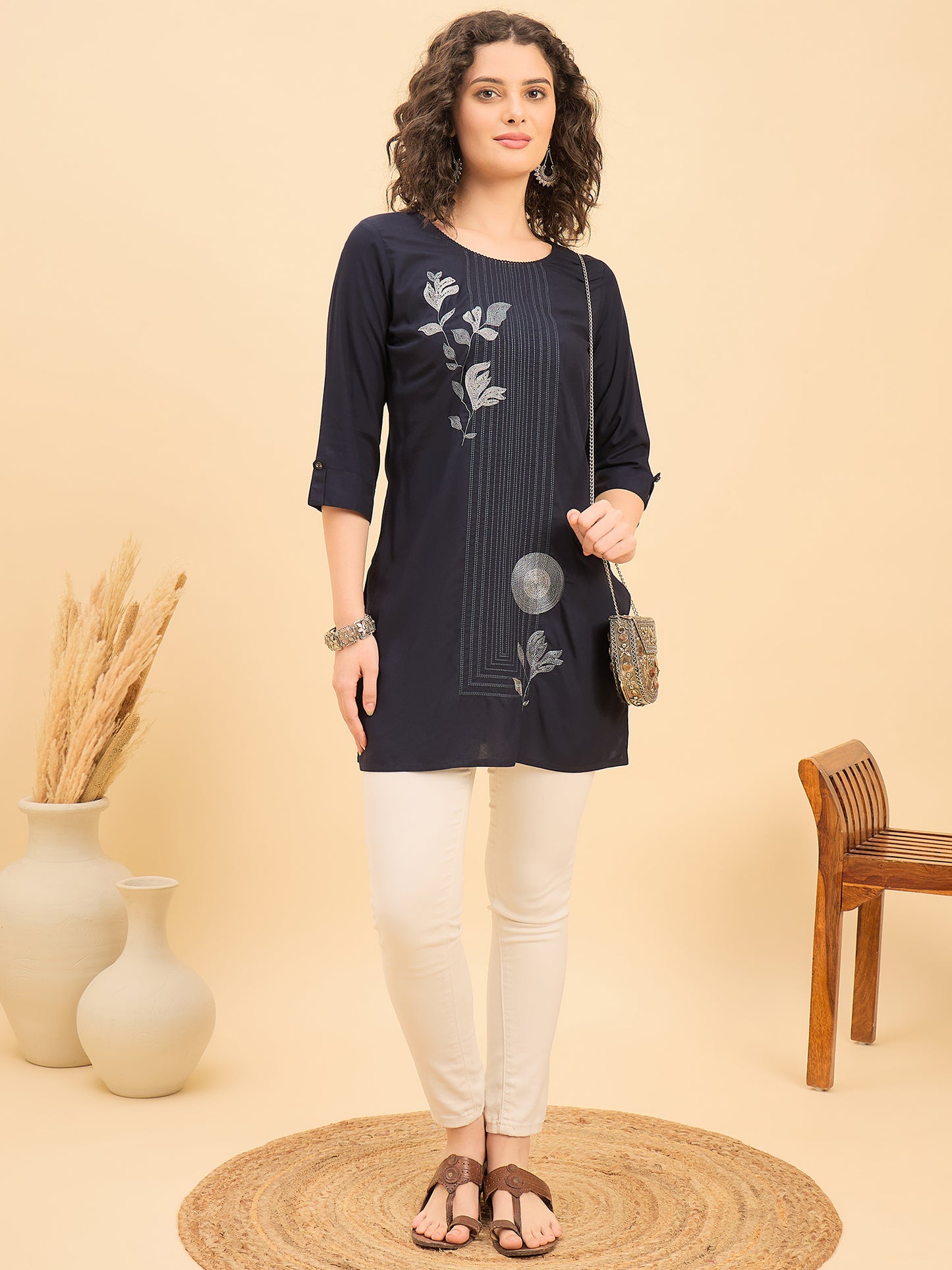 TC 1569 Modal Tunic  Ocean Night with Linear Leaf embroidery