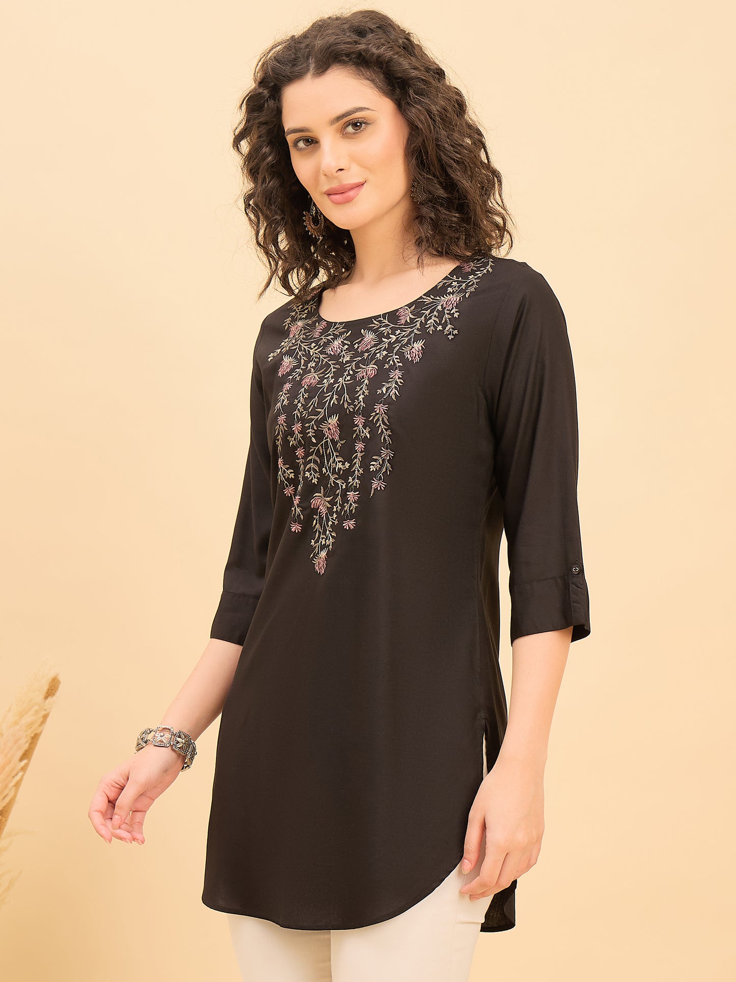 TC 1568 Modal Tunic  Noir Bloom Black with Blossom V Neck embroidery