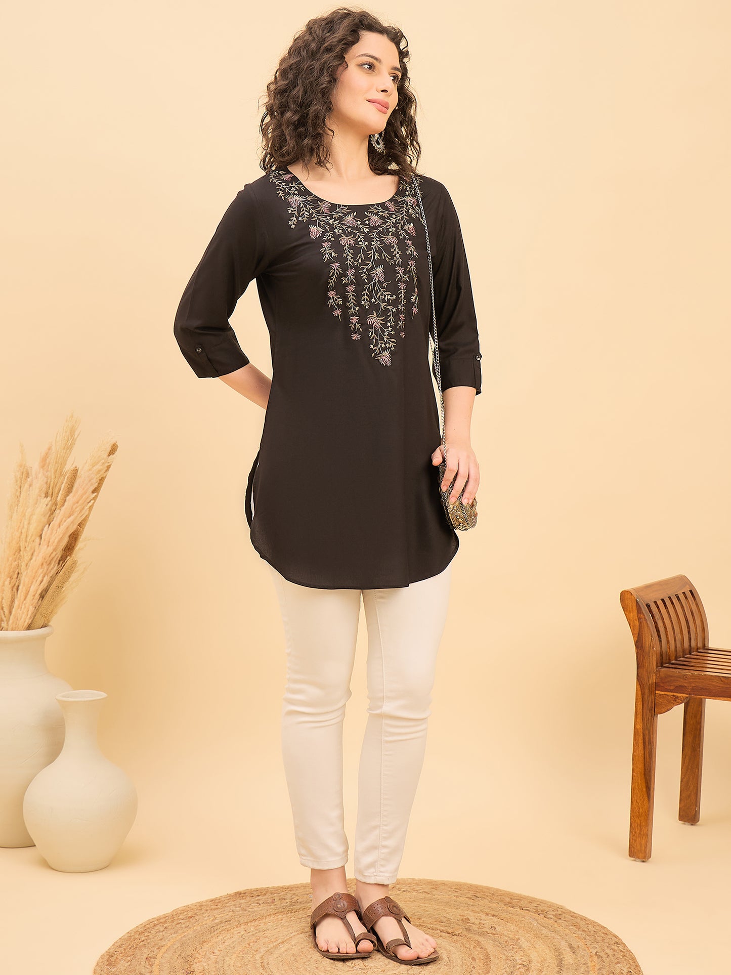 TC 1568 Modal Tunic  Noir Bloom Black with Blossom V Neck embroidery
