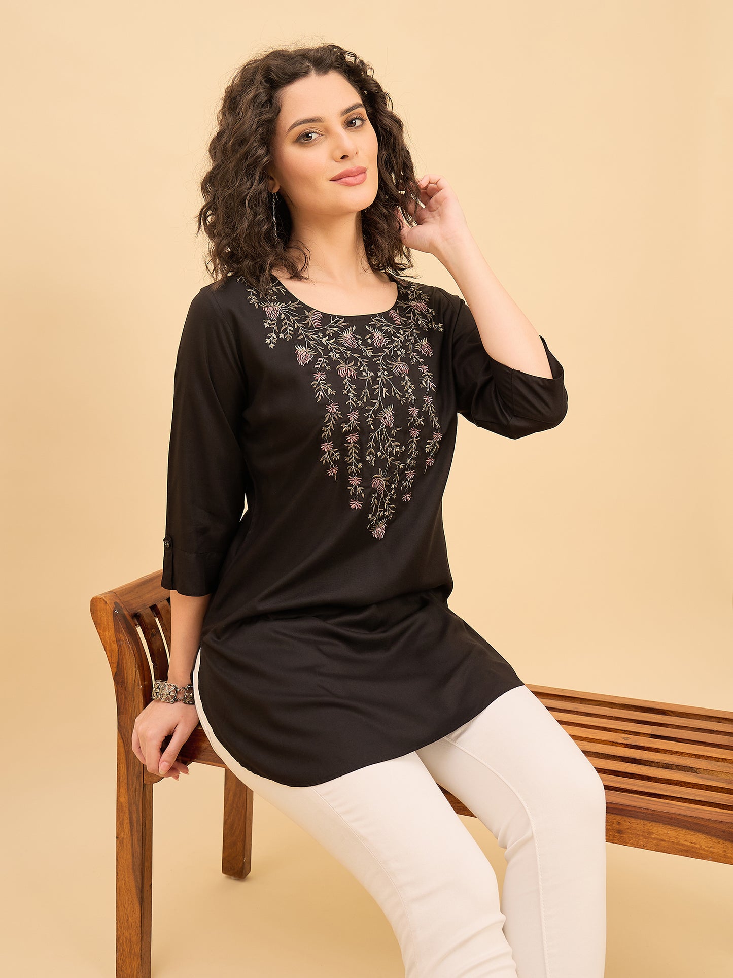 TC 1568 Modal Tunic  Noir Bloom Black with Blossom V Neck embroidery