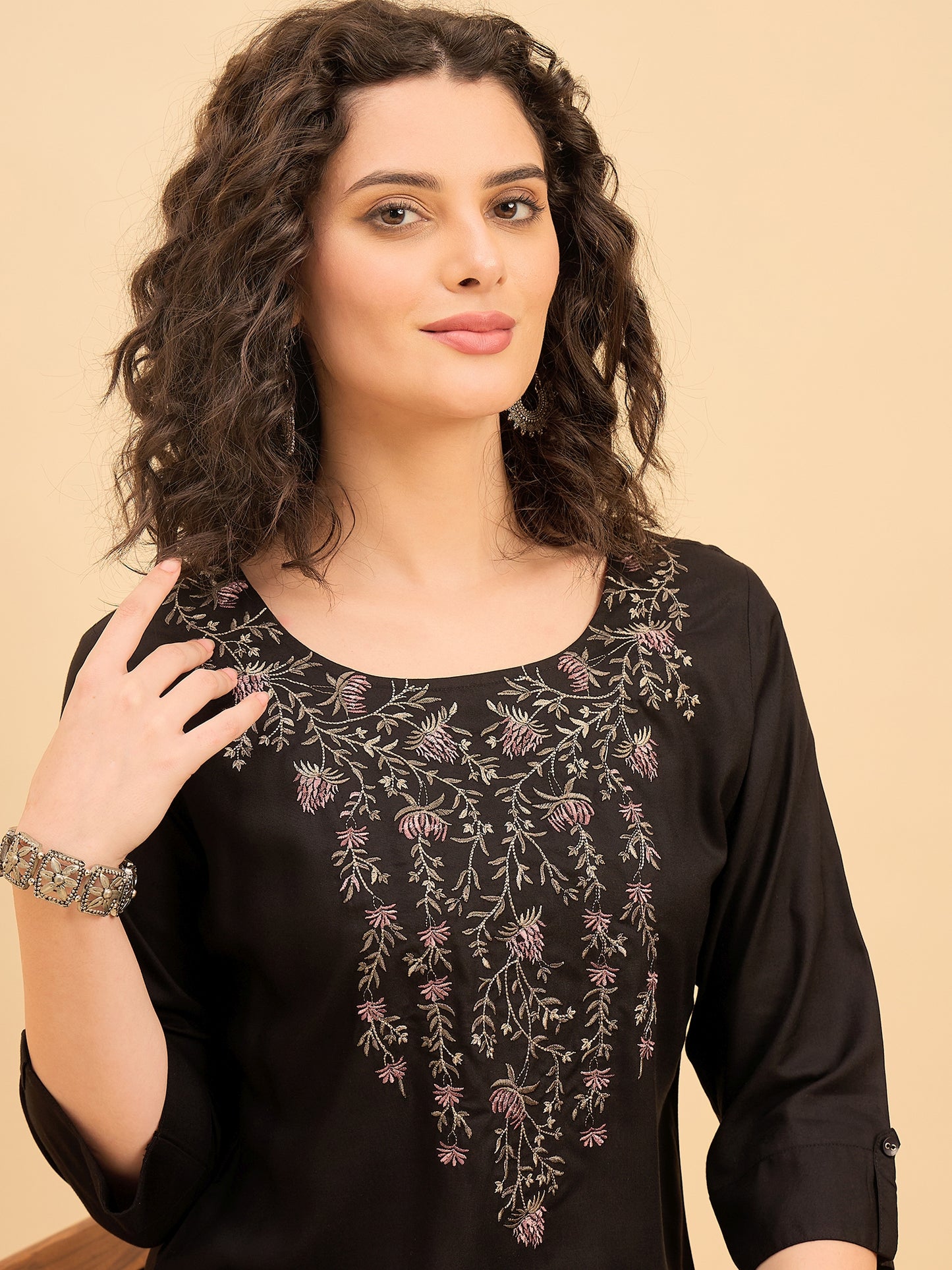TC 1568 Modal Tunic  Noir Bloom Black with Blossom V Neck embroidery
