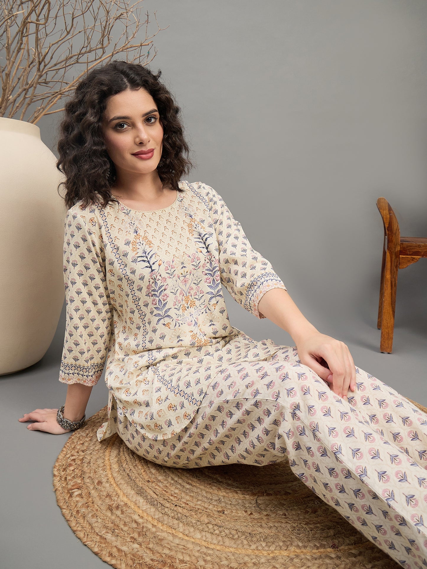 TC 1561 Printed Modal Tunic with Mughal Motifs  Dove Mist