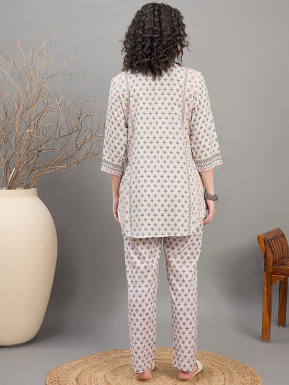 CS 1561 Block Print Inspired Floral Co ord Set with 3/4 Sleeves  Beige
