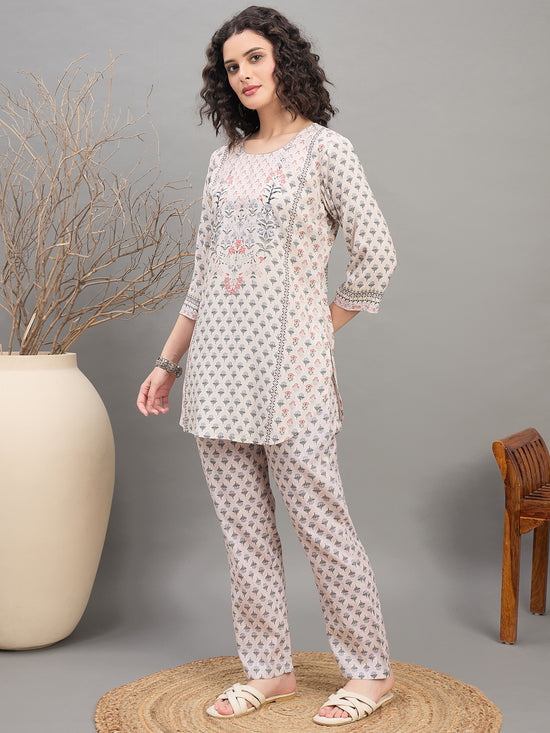 CS 1561 Block Print Inspired Floral Co ord Set with 3/4 Sleeves  Beige