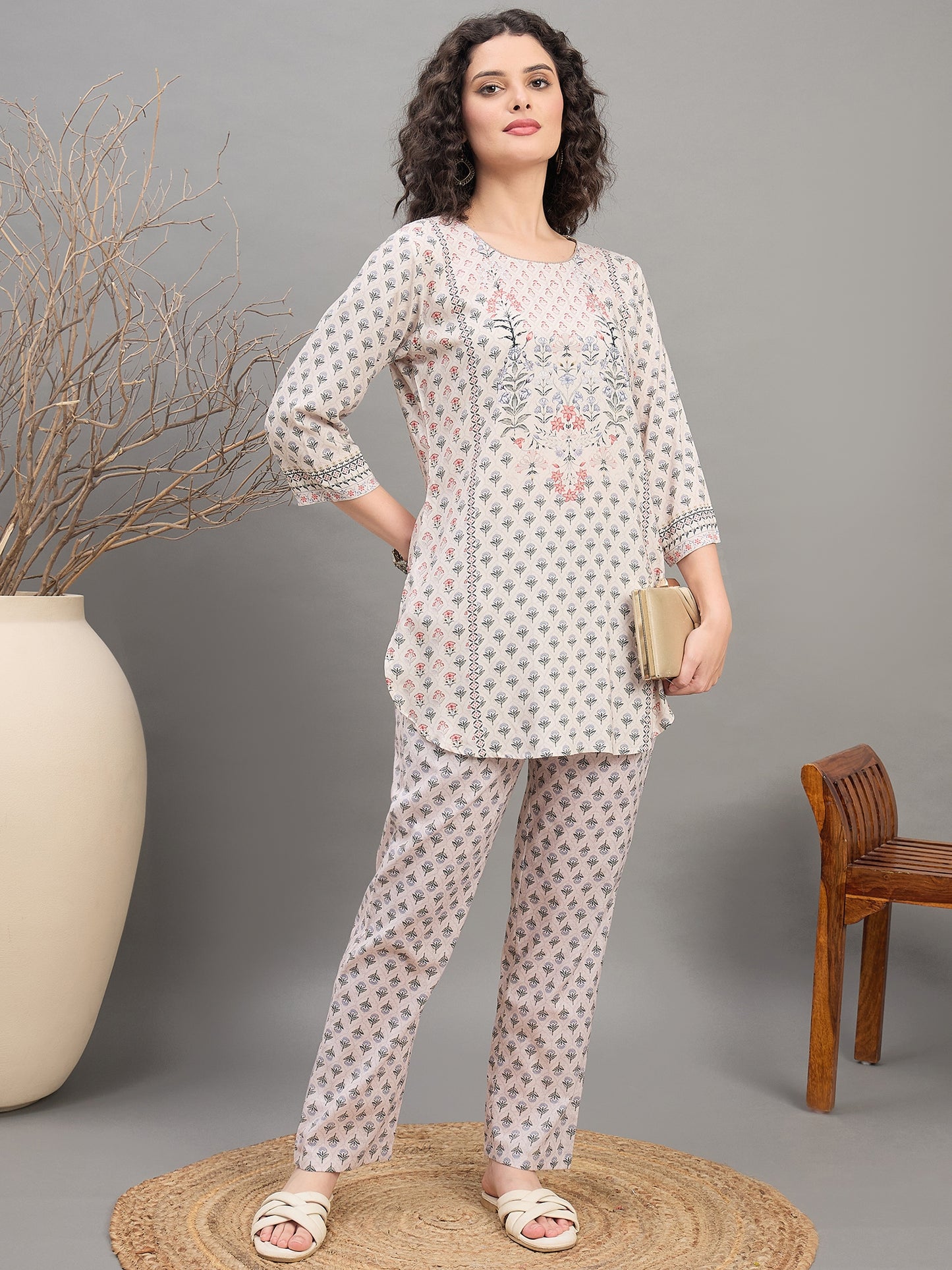 CS 1561 Block Print Inspired Floral Co ord Set with 3/4 Sleeves  Beige