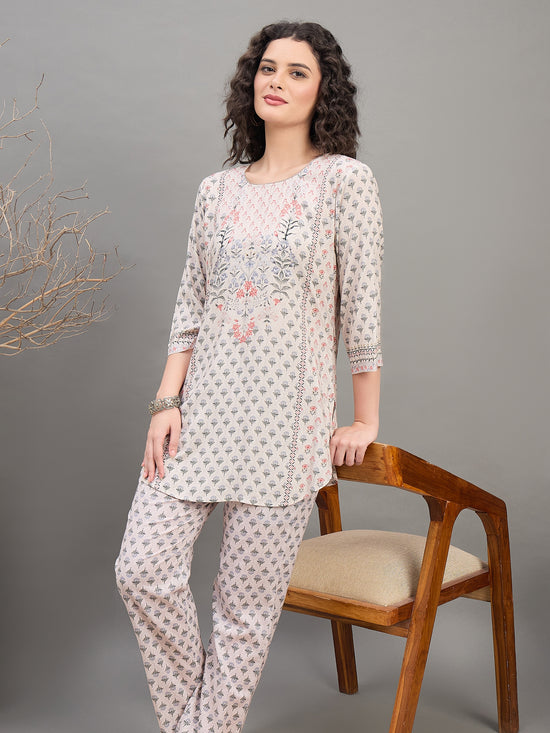 CS 1561 Block Print Inspired Floral Co ord Set with 3/4 Sleeves  Beige