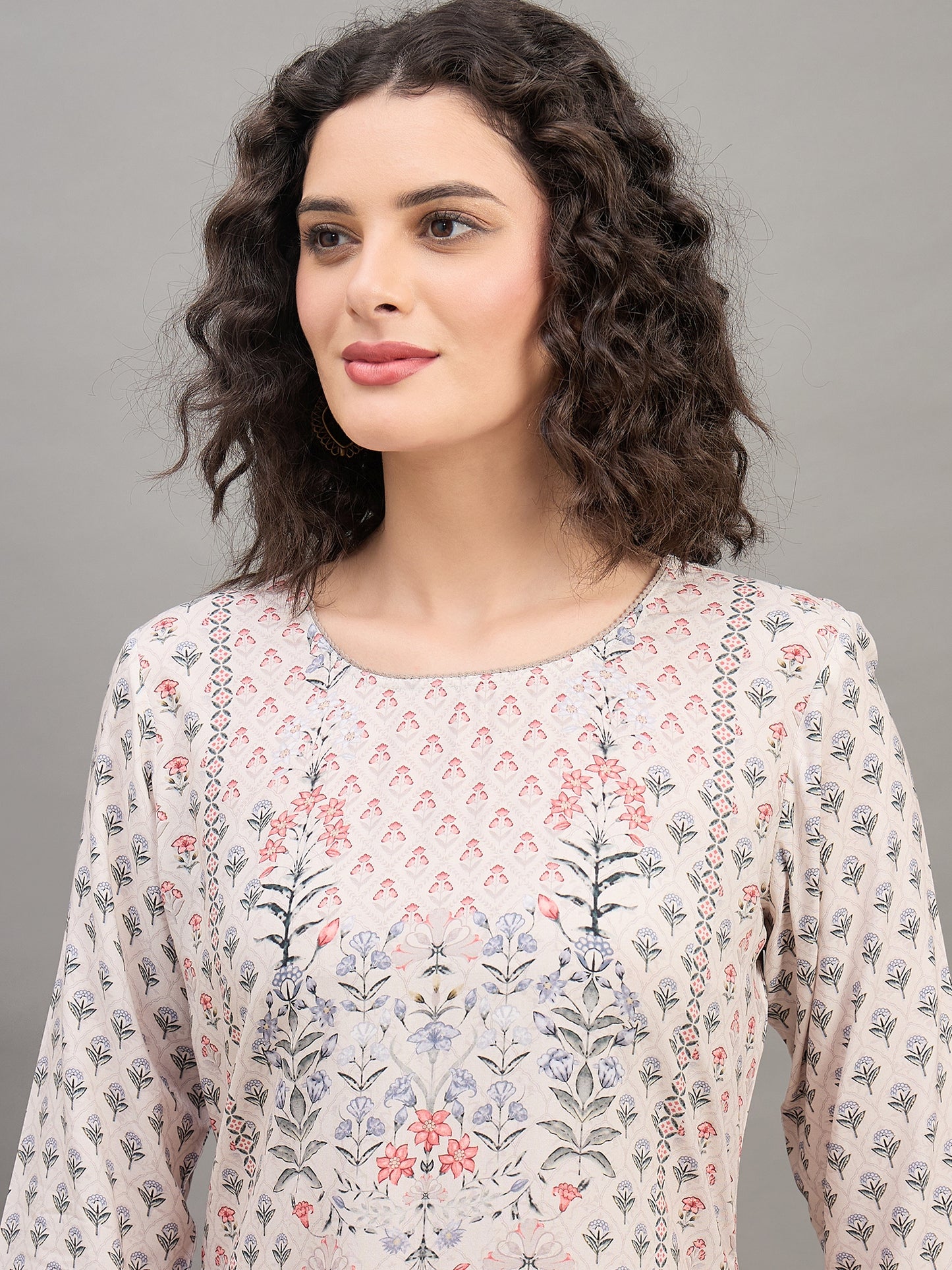 CS 1561 Block Print Inspired Floral Co ord Set with 3/4 Sleeves  Beige