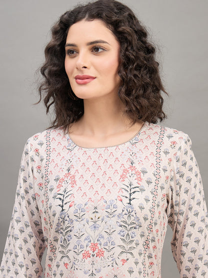 CS 1561 Block Print Inspired Floral Co ord Set with 3/4 Sleeves  Beige
