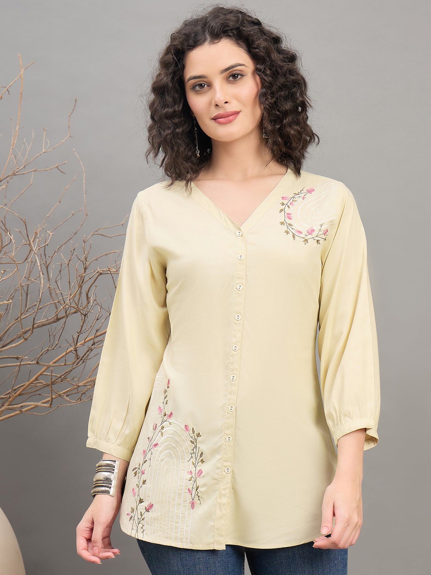 TP 1567 Arched Bloom Embroidered Modal Top  Misty Ivory