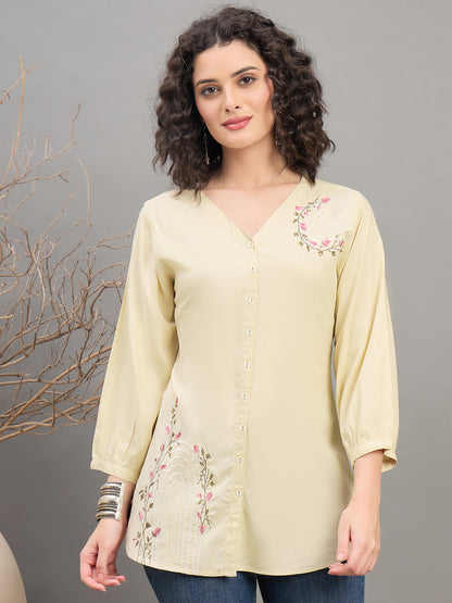 TP 1567 Arched Bloom Embroidered Modal Top  Misty Ivory