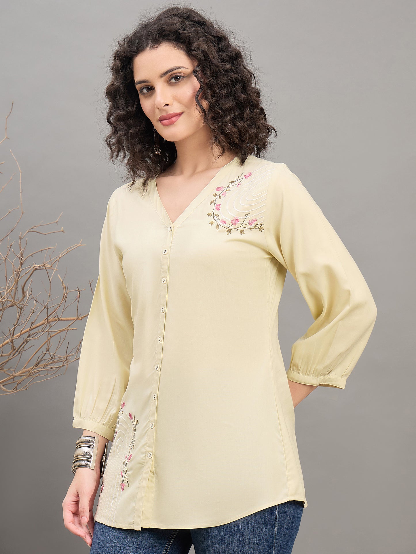 TP 1567 Arched Bloom Embroidered Modal Top  Misty Ivory