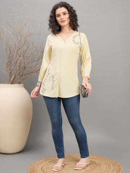 TP 1567 Arched Bloom Embroidered Modal Top  Misty Ivory