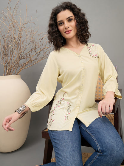 TP 1567 Arched Bloom Embroidered Modal Top  Misty Ivory