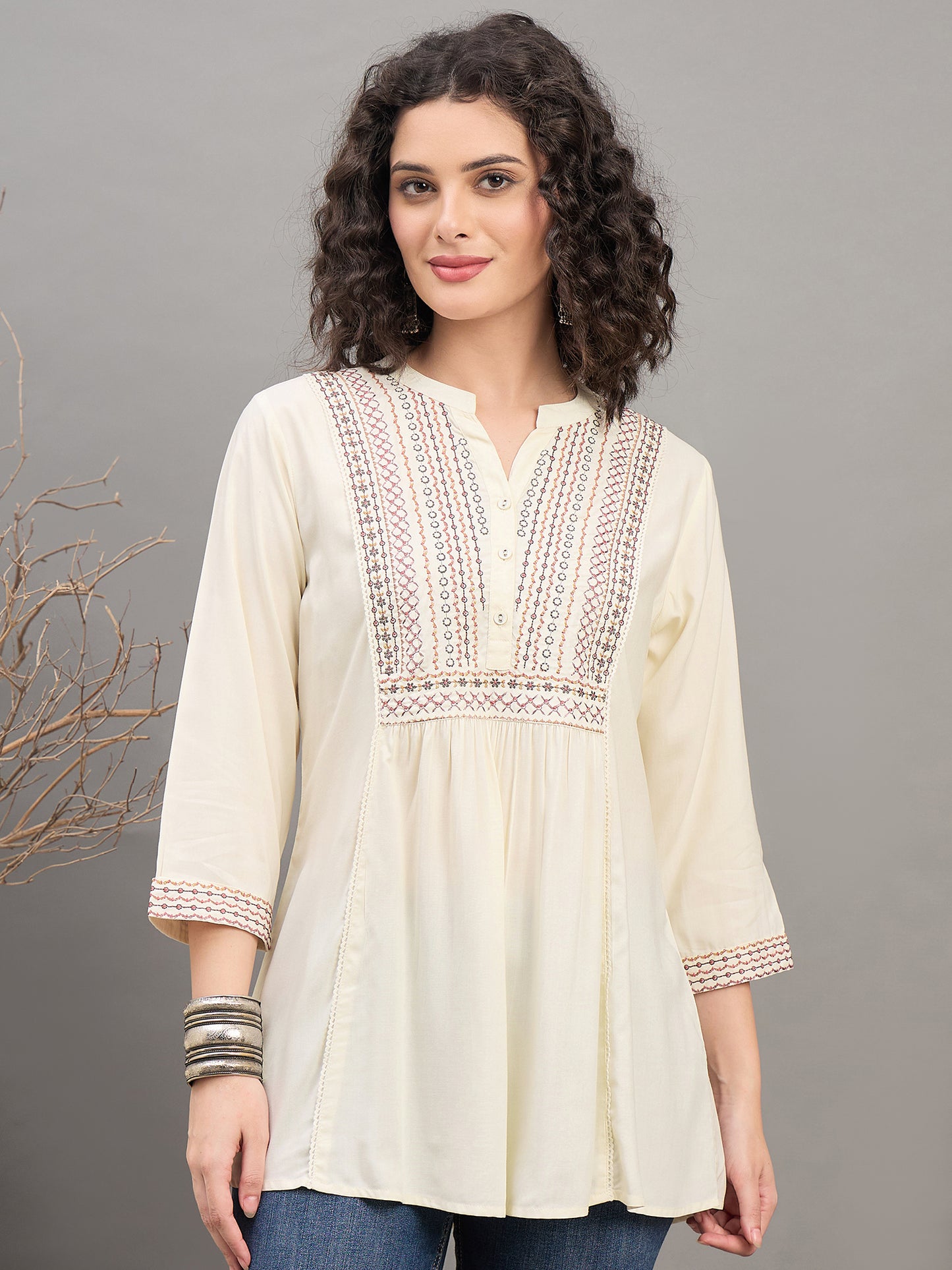 TP 1538 Heritage Yoke Embroidered Modal Top  Soft Ecru