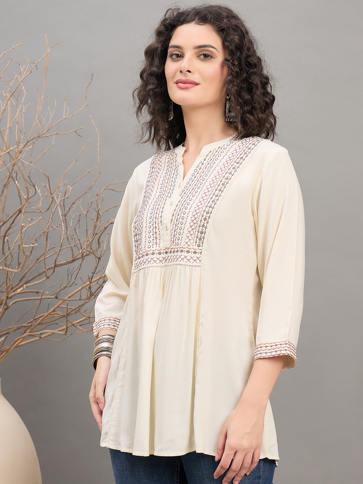 TP 1538 Heritage Yoke Embroidered Modal Top  Soft Ecru