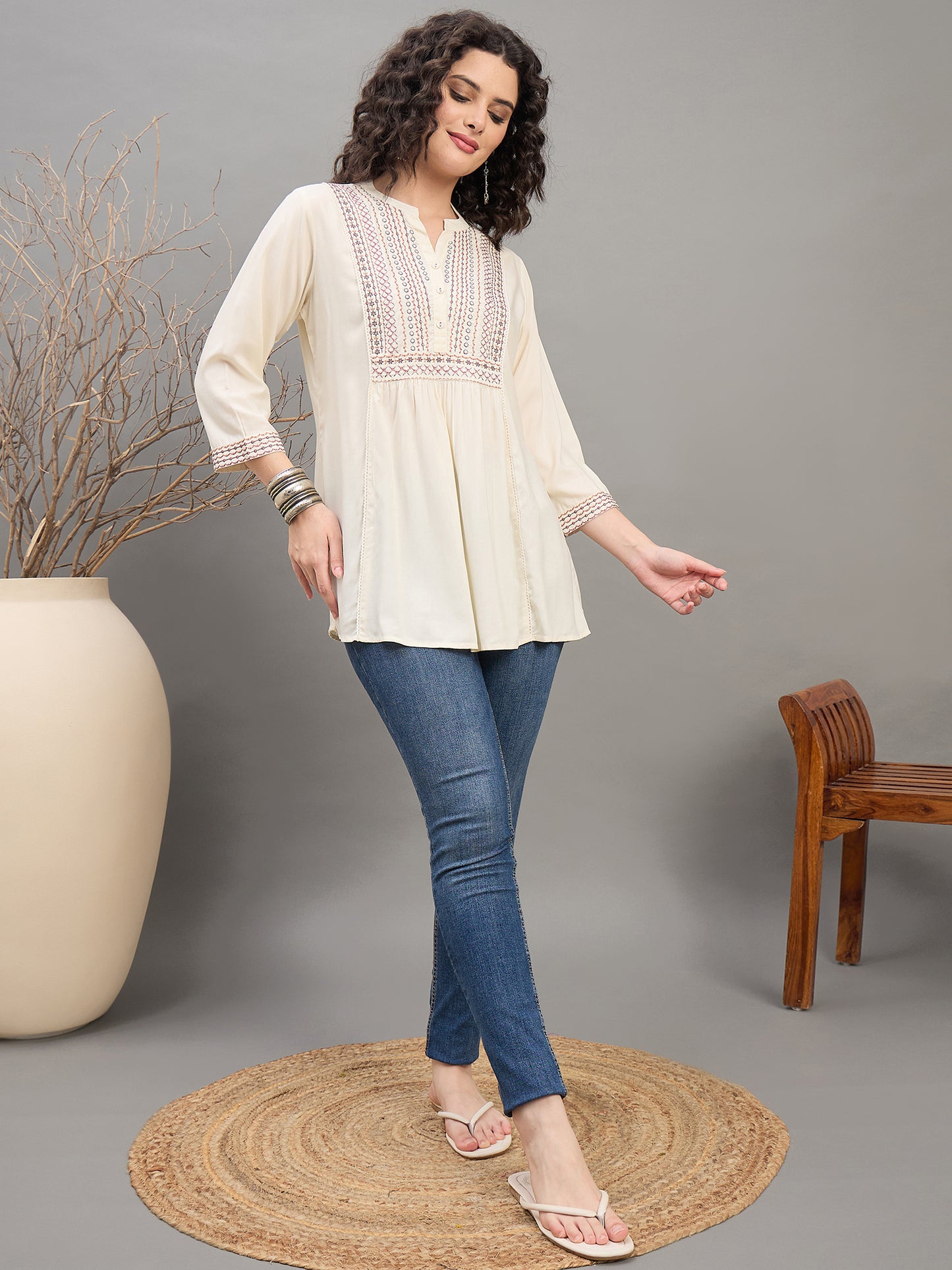 TP 1538 Heritage Yoke Embroidered Modal Top  Soft Ecru