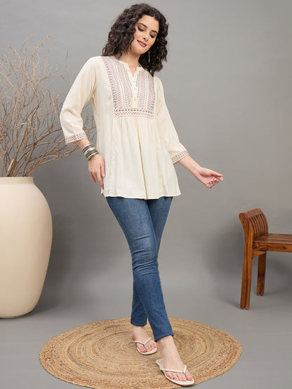 TP 1538 Heritage Yoke Embroidered Modal Top  Soft Ecru