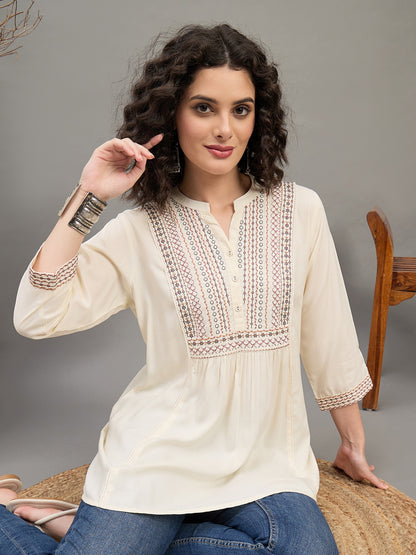 TP 1538 Heritage Yoke Embroidered Modal Top  Soft Ecru