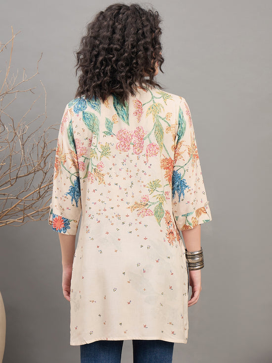 TC 1533 Printed Modal Tunic with Garden Bloom Hem Sandstone