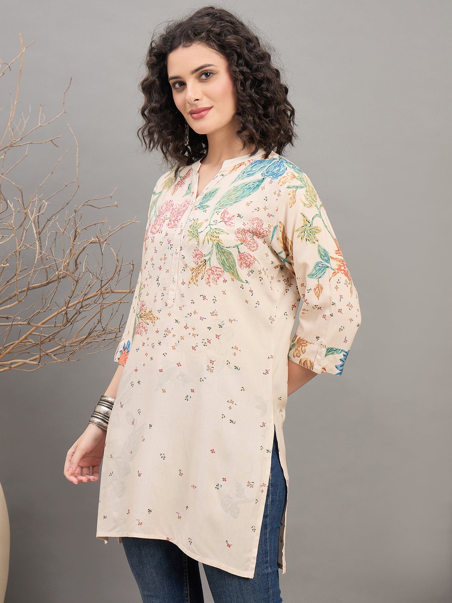 TC 1533 Printed Modal Tunic with Garden Bloom Hem Sandstone