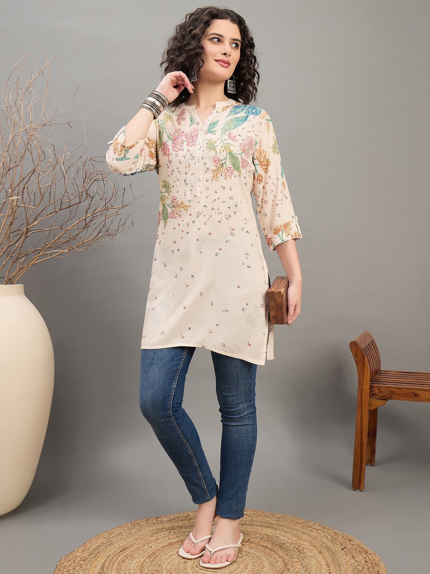 TC 1533 Printed Modal Tunic with Garden Bloom Hem Sandstone