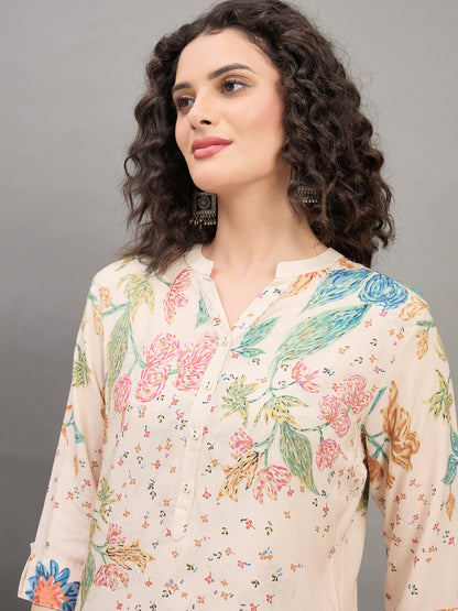 TC 1533 Printed Modal Tunic with Garden Bloom Hem Sandstone