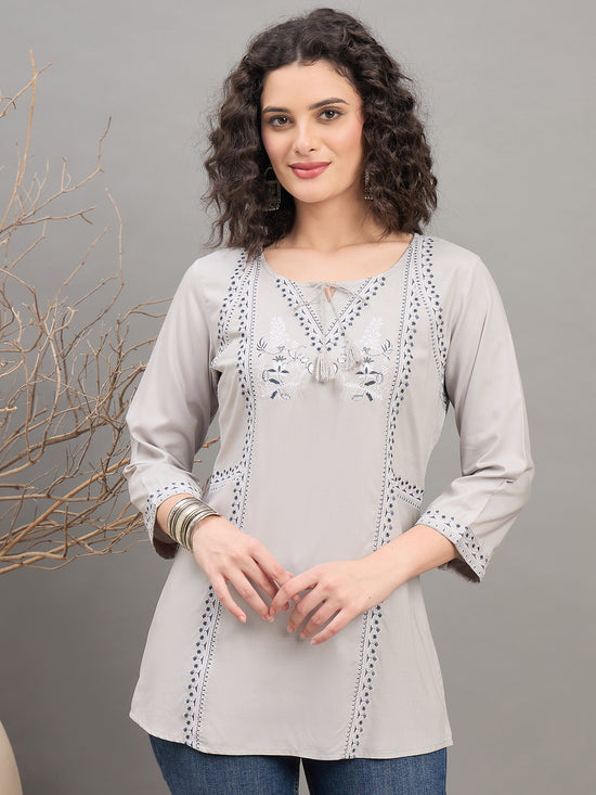 TP 1536 Embroidered Straight Panel Modal Top  Misty Grey