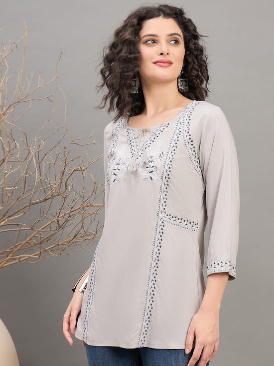 TP 1536 Embroidered Straight Panel Modal Top  Misty Grey