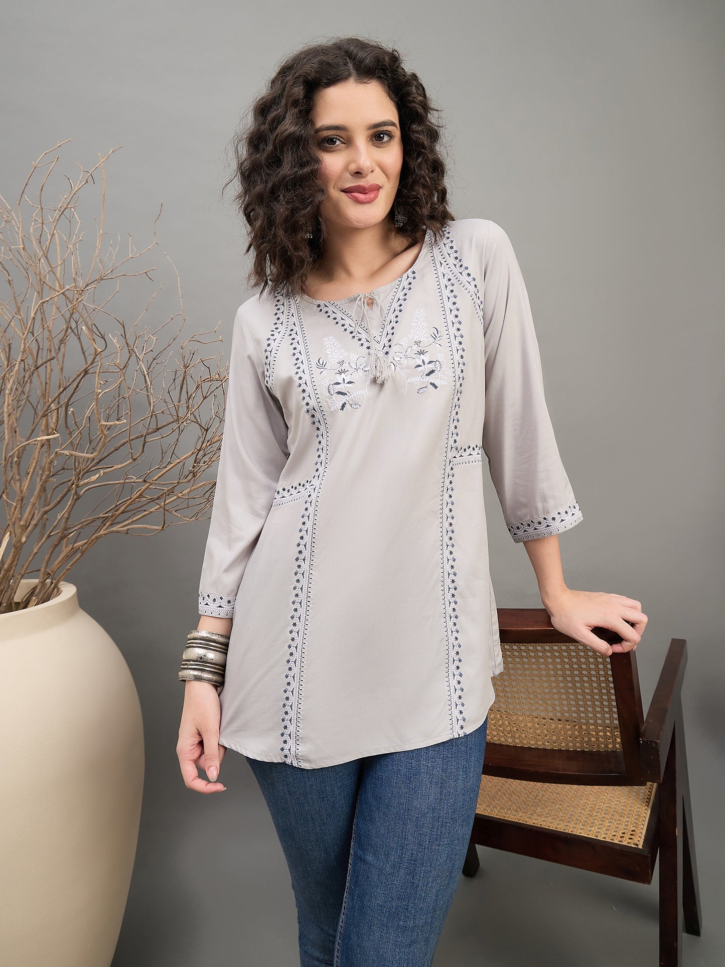 TP 1536 Embroidered Straight Panel Modal Top  Misty Grey