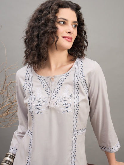TP 1536 Embroidered Straight Panel Modal Top  Misty Grey