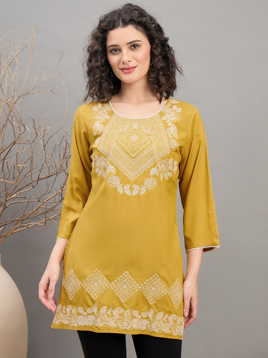 TC 1529 Modal Tunic Top with Heritage Mosaic Embroidery  Gold Yellow