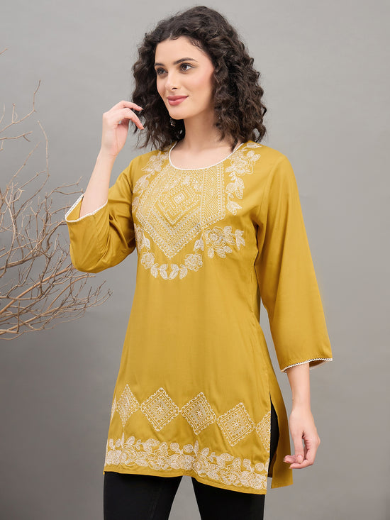 TC 1529 Modal Tunic Top with Heritage Mosaic Embroidery  Gold Yellow