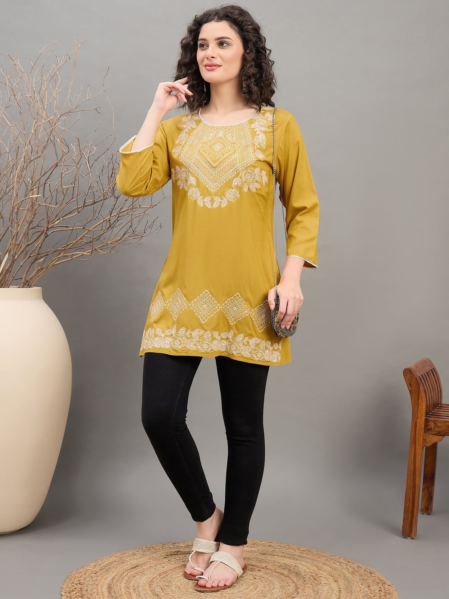 TC 1529 Modal Tunic Top with Heritage Mosaic Embroidery  Gold Yellow