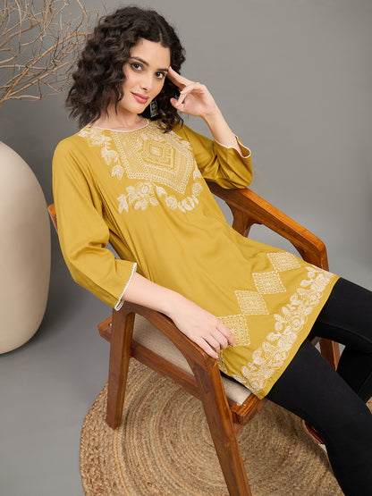 TC 1529 Modal Tunic Top with Heritage Mosaic Embroidery  Gold Yellow