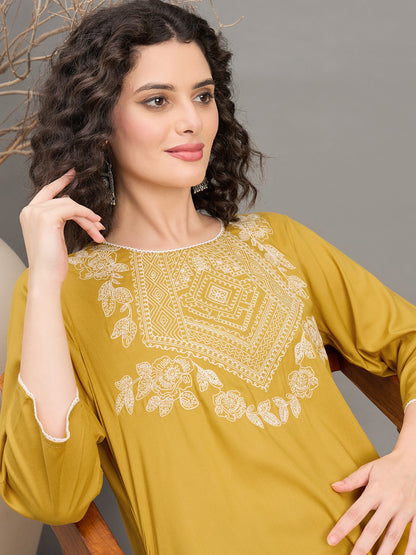 TC 1529 Modal Tunic Top with Heritage Mosaic Embroidery  Gold Yellow
