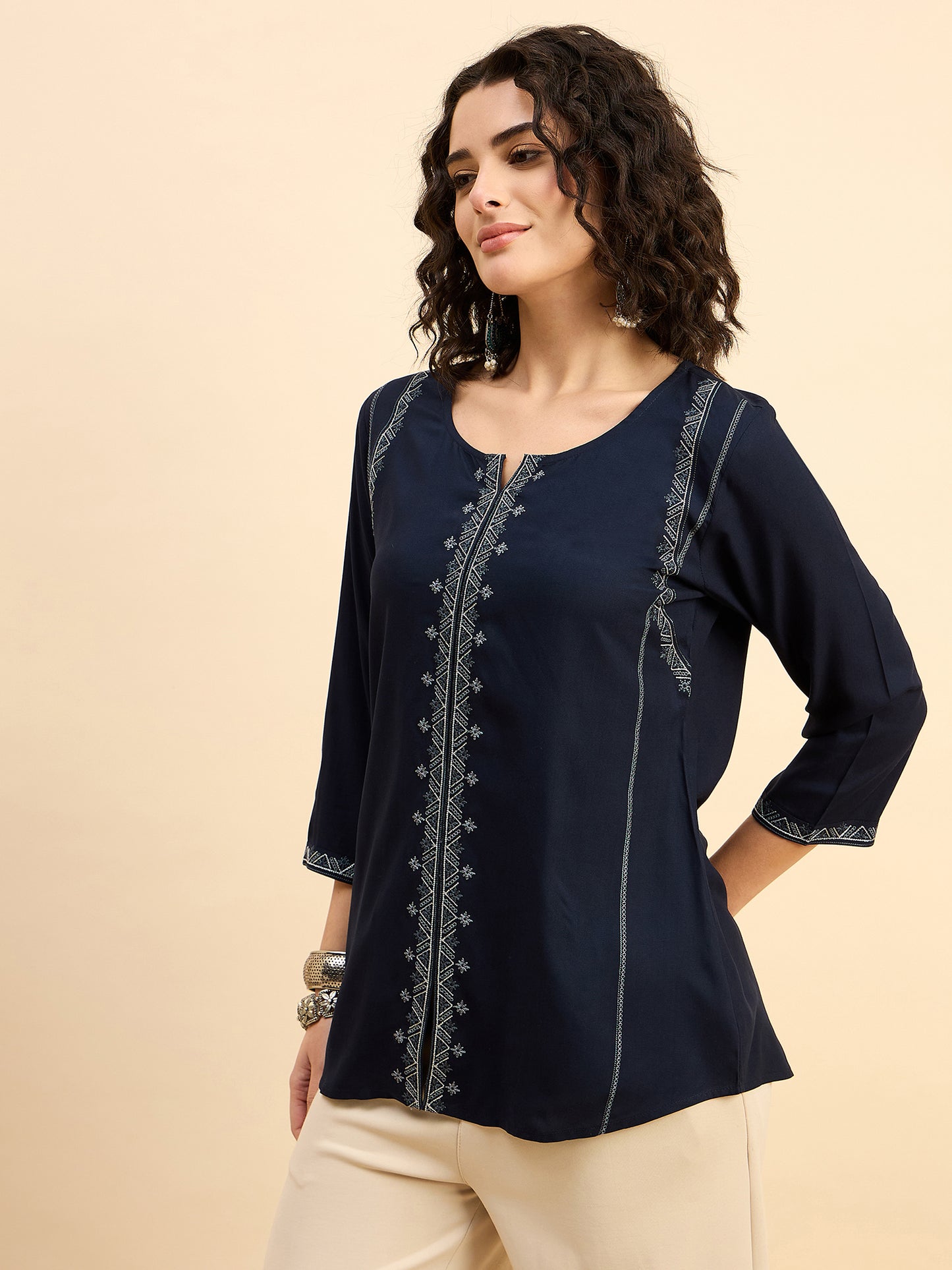 TP 1482 Geometric Thread Embroidered Modal Top  Midnight Navy