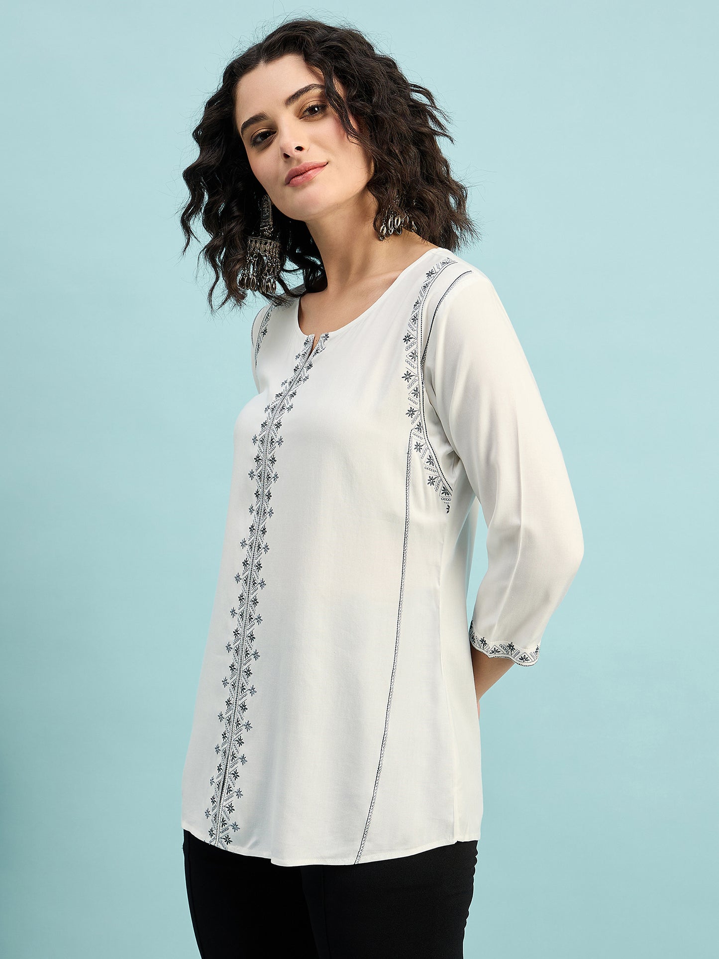 TP 1482 Geometric Thread Embroidered Modal Top  Pearl White