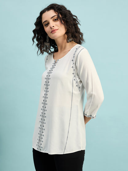 TP 1482 Geometric Thread Embroidered Modal Top  Pearl White