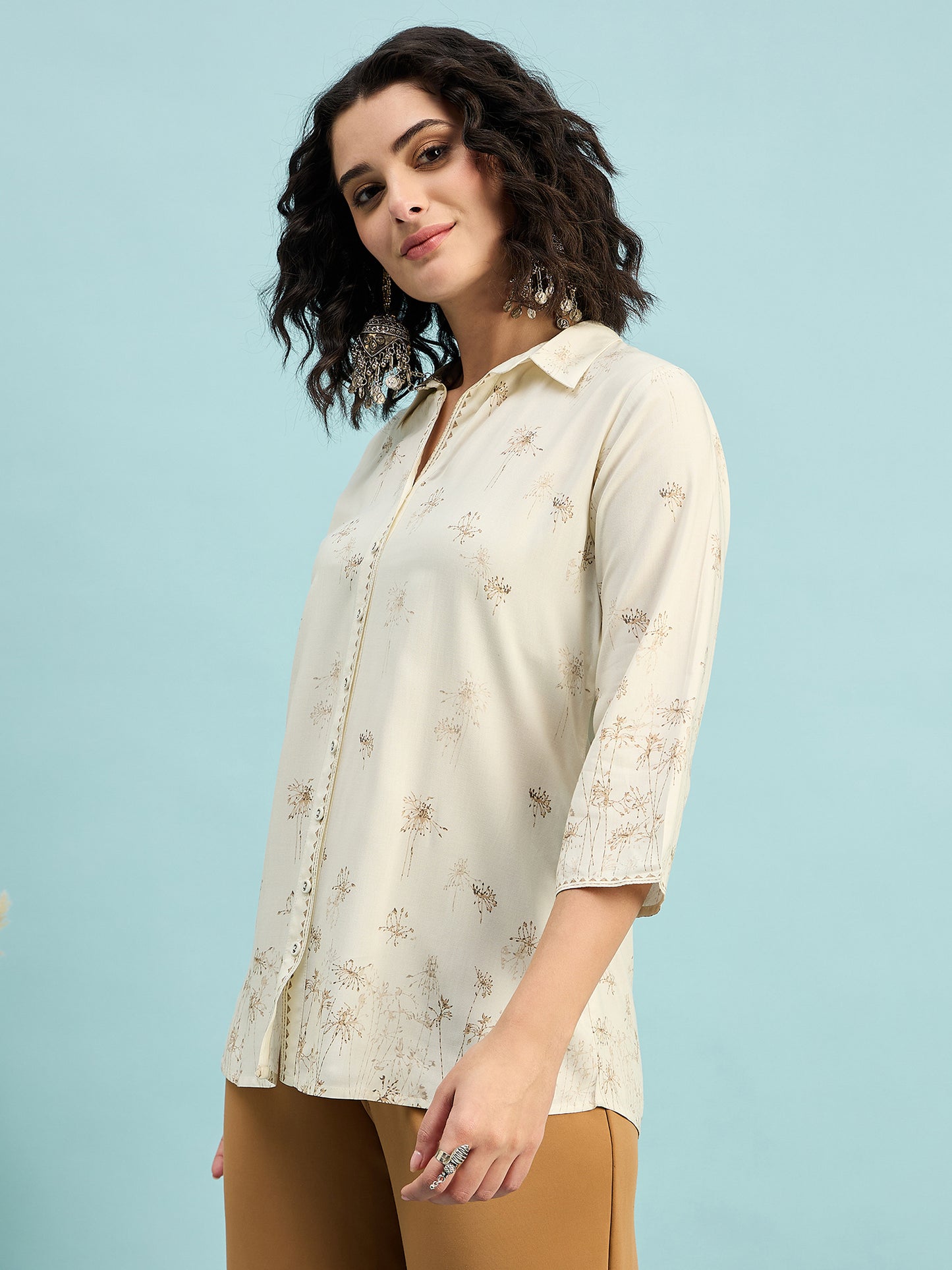 ST 1489 Botanical Breeze Printed Modal Shirt  Soft Ecru