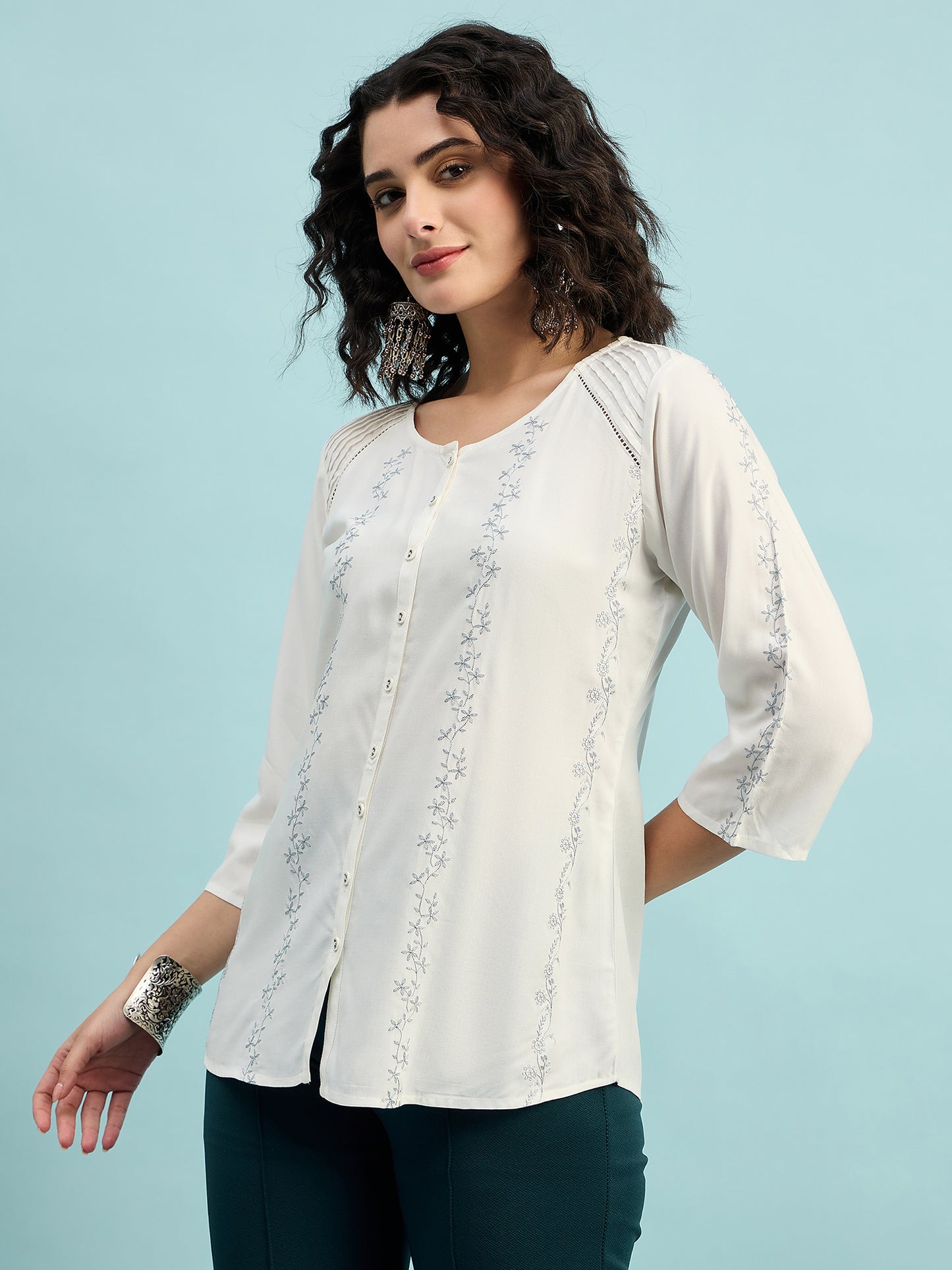 TP 1481 Vertical Thread Embroidered Modal Top  Pearl White