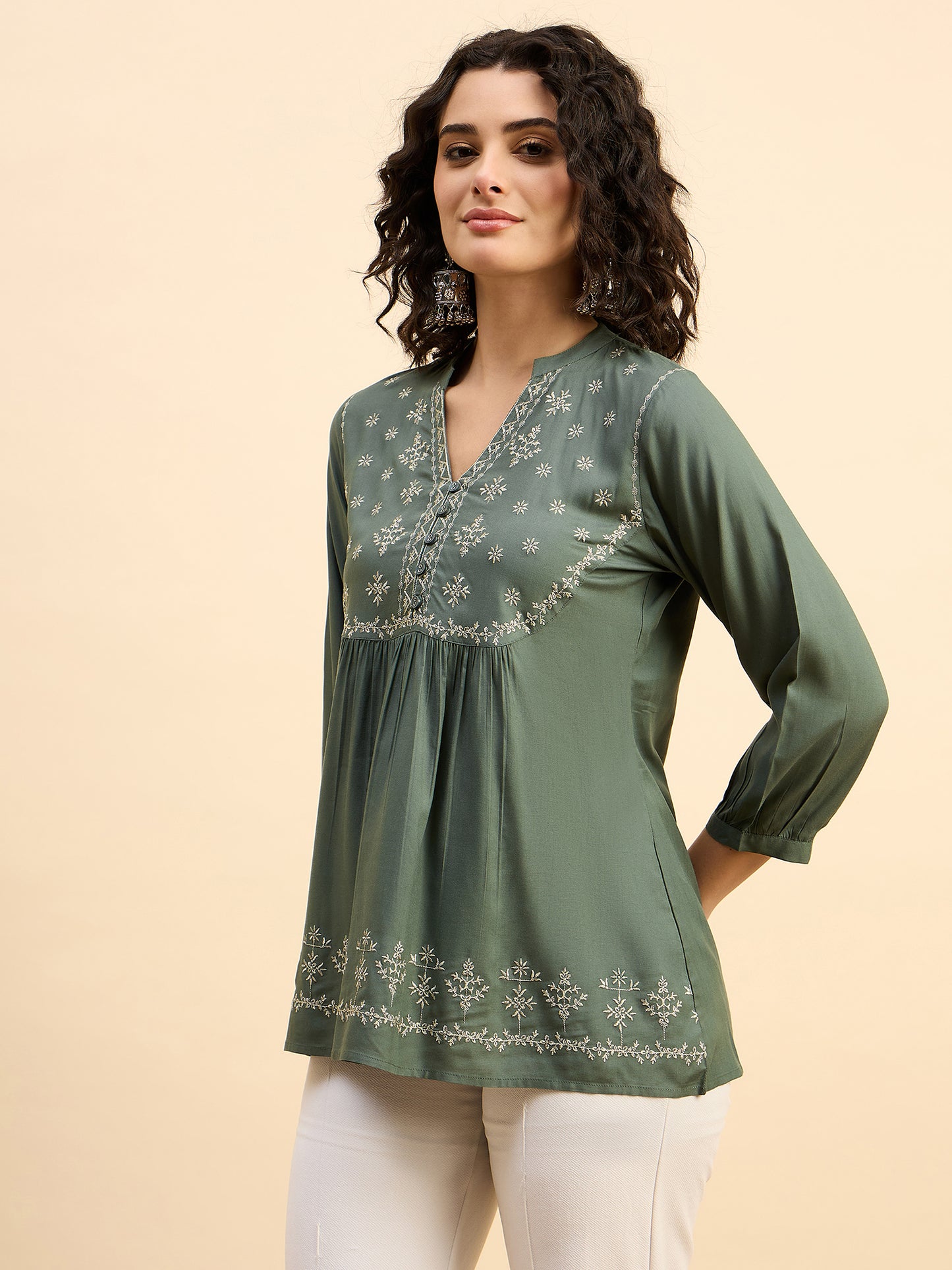 TP 1504 Floral Thread Embroidered Modal Top  Meadow Green