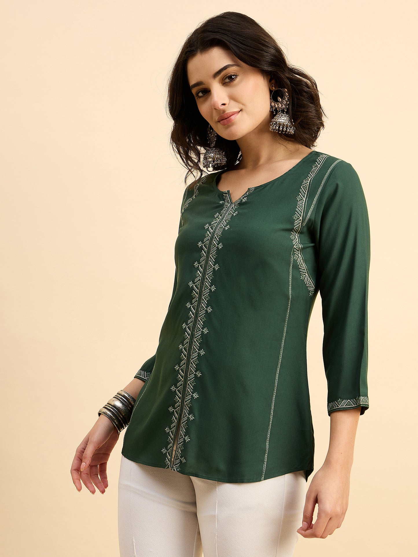 TP 1482 Geometric Thread Embroidered Modal Top  Meadow Green