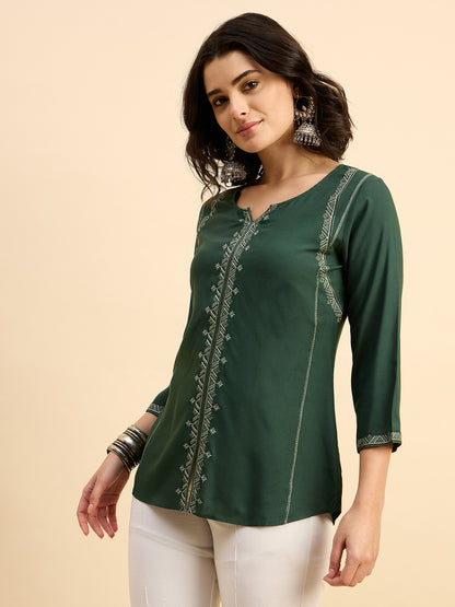 TP 1482 Geometric Thread Embroidered Modal Top  Meadow Green