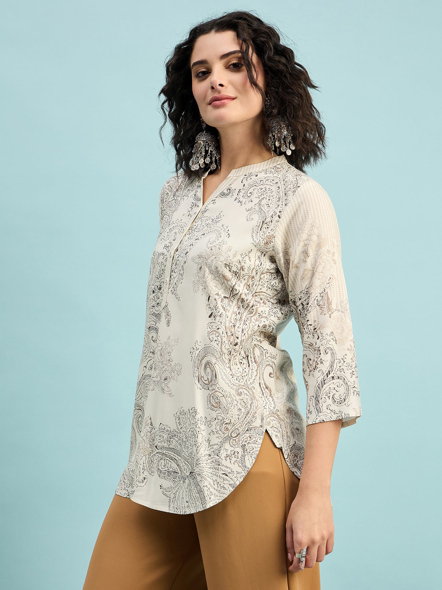 TC 1508 Vintage Paisley Printed Modal Tunic Top  Ecru