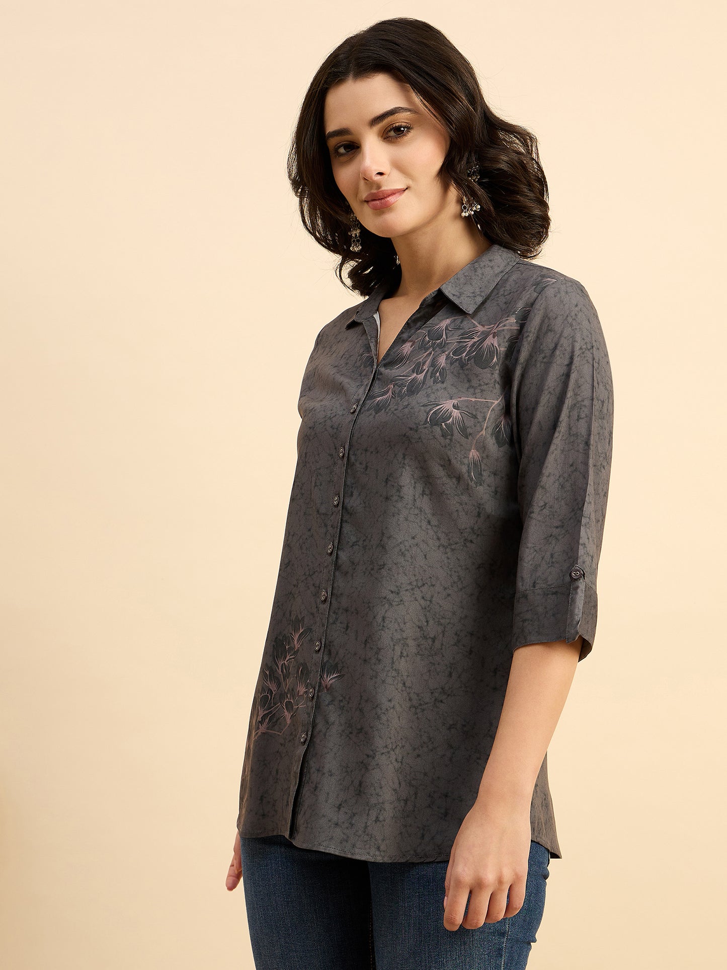 ST 1509 Floral Whisper Printed Modal Shirt  Steel Grey Glow