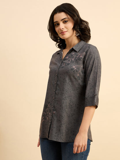 ST 1509 Floral Whisper Printed Modal Shirt  Steel Grey Glow