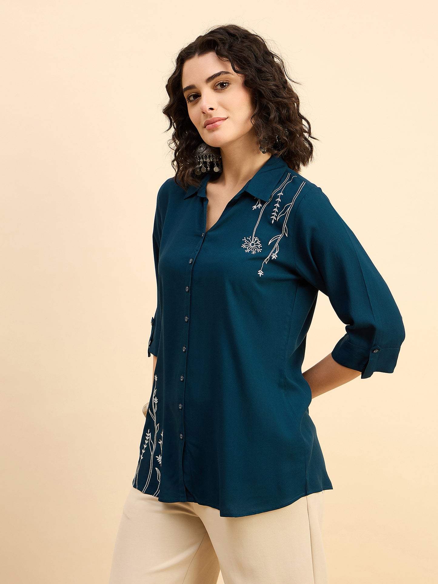 ST 1512 Botanical Thread Embroidery Modal Shirt  Ocean Teal
